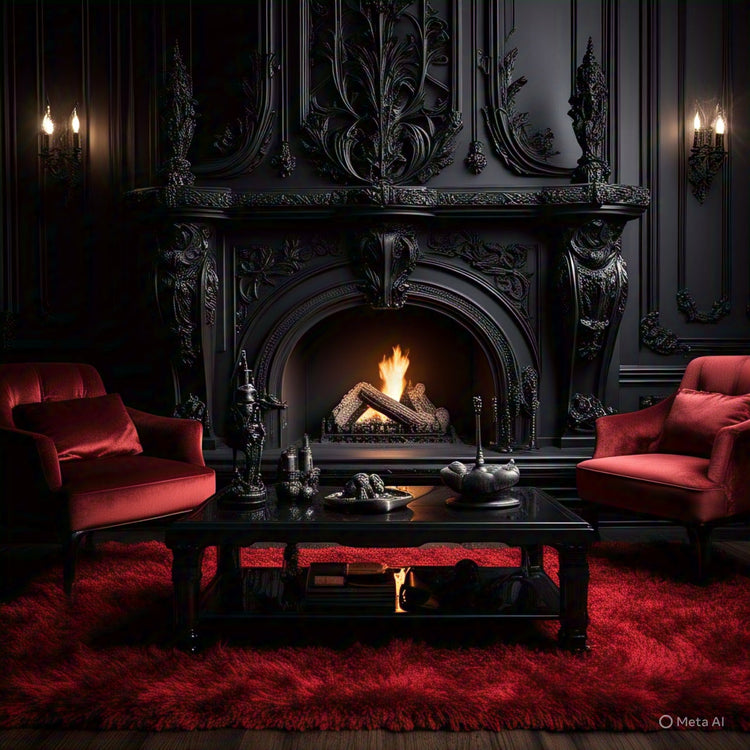 Huge gothic style living room with a large black engraved fireplace with a fire lit surrounding wood logs. Two red velvet chairs on each side of a black cofee table. The coffee table is set on a large shag red rug.