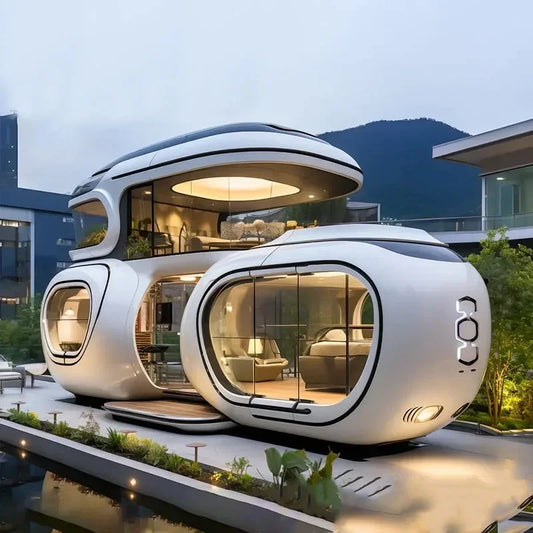 showcasing its futuristic design with a smooth, rounded structure. Large windows reveal a stylish interior, while the building is surrounded by lush greenery and modern outdoor seating. The scene is set against a backdrop of mountains and a contemporary urban environment, emphasizing the innovative blend of nature and modern living.
