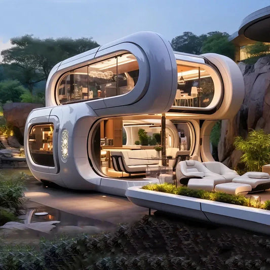 A stunning view of this innovative abode featuring a sleek, rounded exterior and expansive glass windows. The inviting interior showcases modern furnishings, including a cozy white sofa and dining area, while the house is beautifully integrated into the lush, rocky landscape, creating a seamless harmony between luxury living and nature.