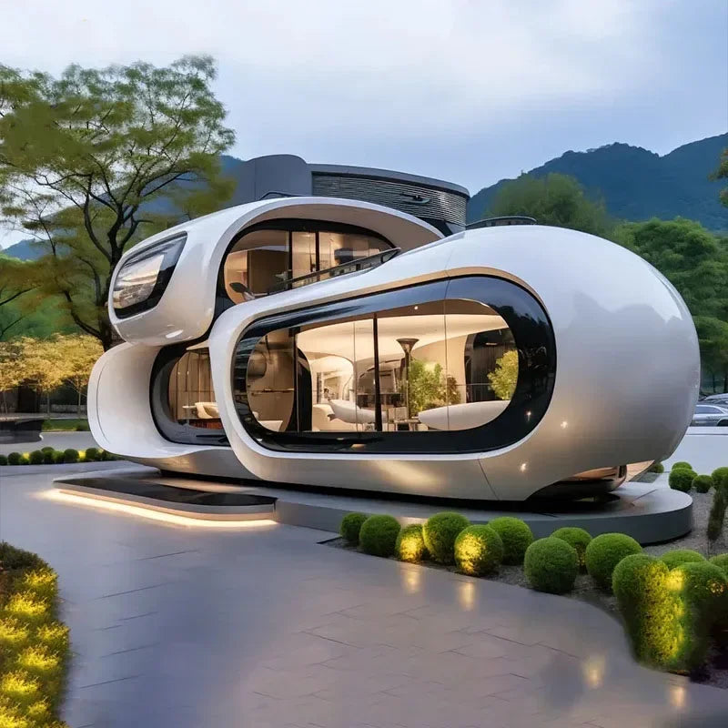 Fantascticz Luxury Apple Pod Capsule House - A sleek, futuristic pod-like home featuring large rounded windows and a modern design. Surrounded by neatly trimmed bushes and set against a backdrop of mountains, this mobile capsule showcases an innovative blend of style and comfort.