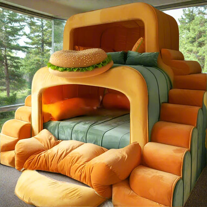 Hamburger Bunk Bed Plush With Seeded Hamburger buns and lettuce fabric on front